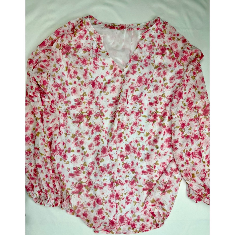 Womens Pink Floral V-Neck Blouse Long Sleeve Elastic Cuff Top XXL